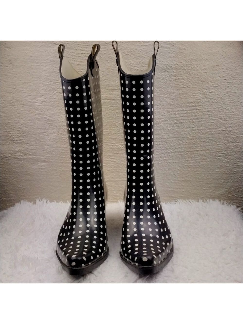 Bit & Bridle Black White Polka Dot Pointed Toe Heeled Western Style Rain Boot - Picture 2 of 16